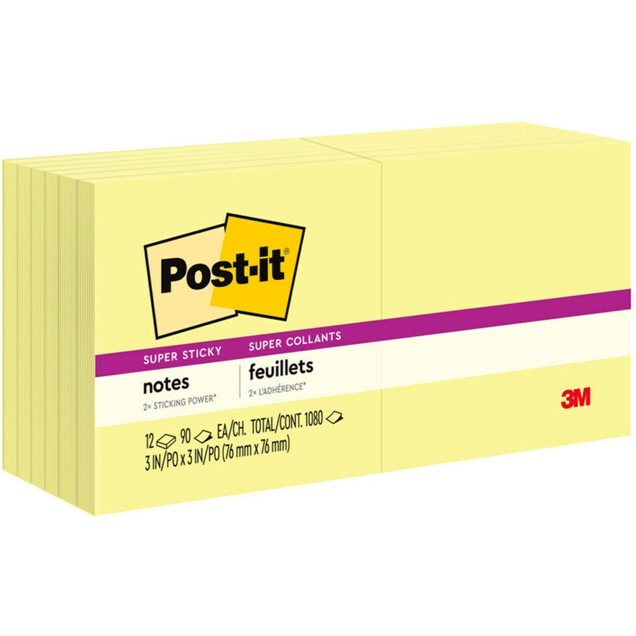 Post-it&reg, Super Sticky Notes - 1080 - 3" Flag/Note Width x 3" Flag/Note Length - Square - 90 Sheets per Pad - Unruled - Canary Yellow - Paper - Self-adhesive - 12 / Pack