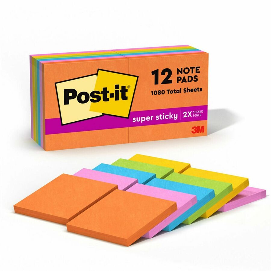 Post-it&reg, Super Sticky Notes - Energy Boost Color Collection - 1080 - 3" Flag/Note Width x 3" Flag/Note Length - Square - 90 Sheets per Pad - Unruled - Vital Orange, Tropical Pink, Sunnyside, Blue Paradise, Limeade - Paper - Self-adhesive - 12 / Pack