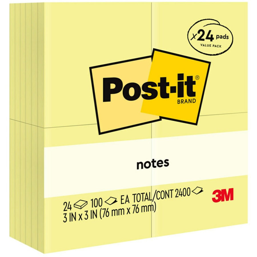 Post-it&reg, Notes Value Pack - 100 - 3" Flag/Note Width x 3" Flag/Note Length - Square - Unruled - Canary - Self-adhesive - 24 / Pack