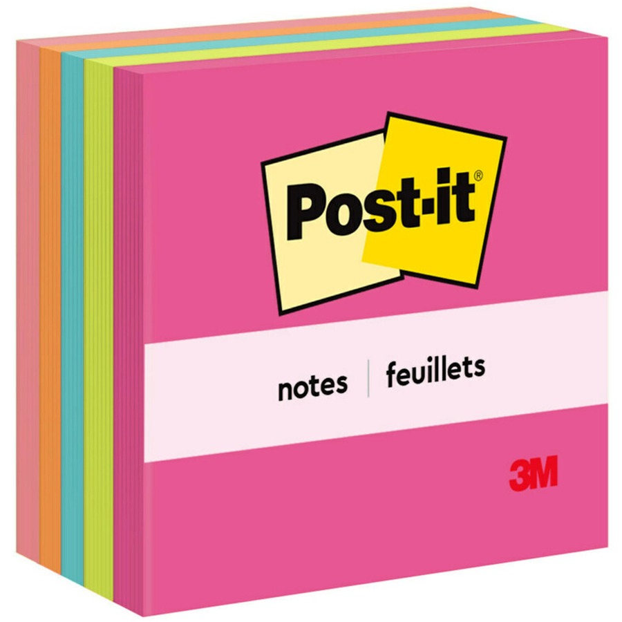 Post-it&reg, Notes - Poptimistic Color Collection - 500 - 3" Flag/Note Width x 3" Flag/Note Length - Square - 100 Sheets per Pad - Unruled - Power Pink, Acid Lime, Aqua Splash, Vital Orange, Guava - Paper - Self-adhesive, Repositionable - 1 Pack
