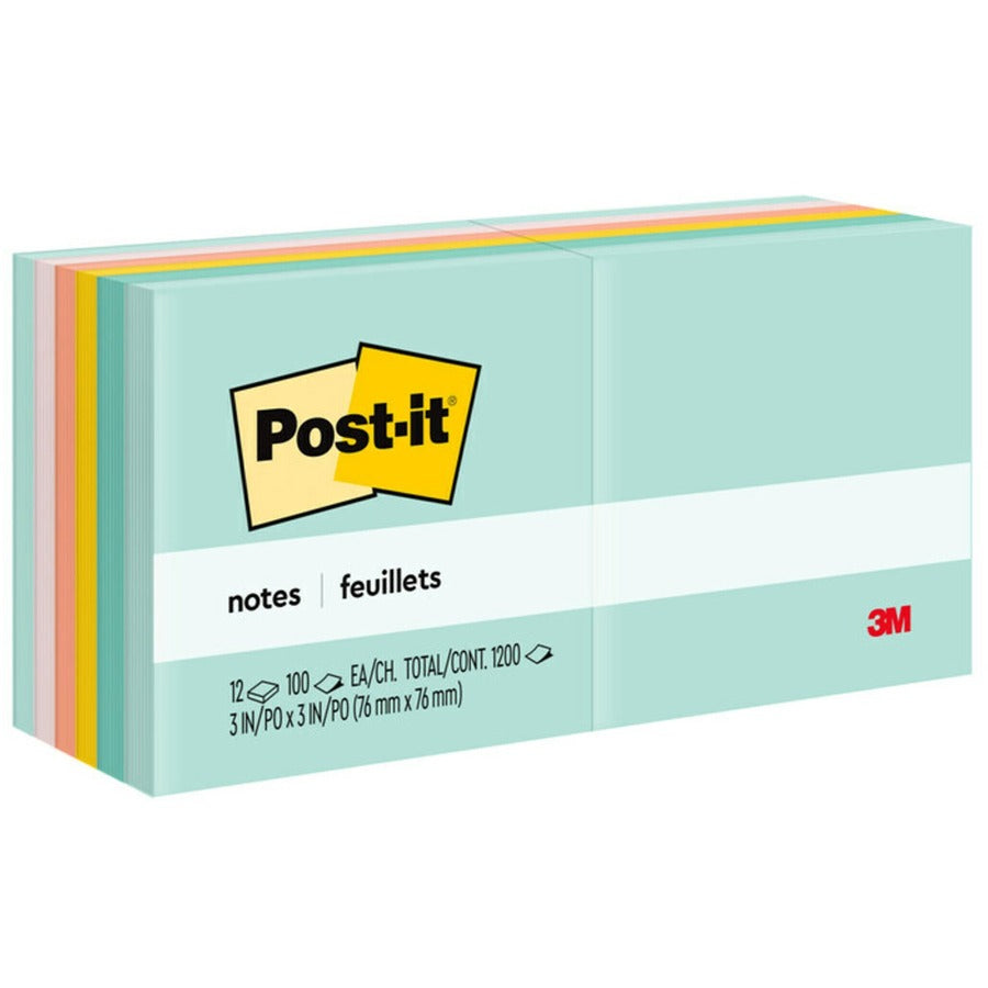 Post-it&reg, Notes - Beachside Caf&eacute, Color Collection - 1200 - 3" Flag/Note Width x 3" Flag/Note Length - Square - 100 Sheets per Pad - Unruled - Fresh Mint, Aqua Splash, Sunnyside, Papaya Fizz, Guava - Paper - Self-adhesive, Repositionable - 1 Pack