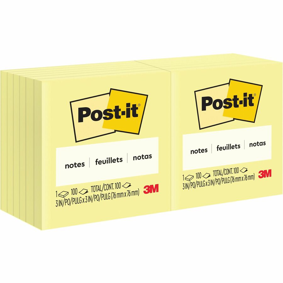 Post-it&reg, Notes Original Notepads - 3" Flag/Note Width x 3" Flag/Note Length - Square - 100 Sheets per Pad - Unruled - Canary Yellow - Paper - Self-adhesive, Repositionable - 1 Pack