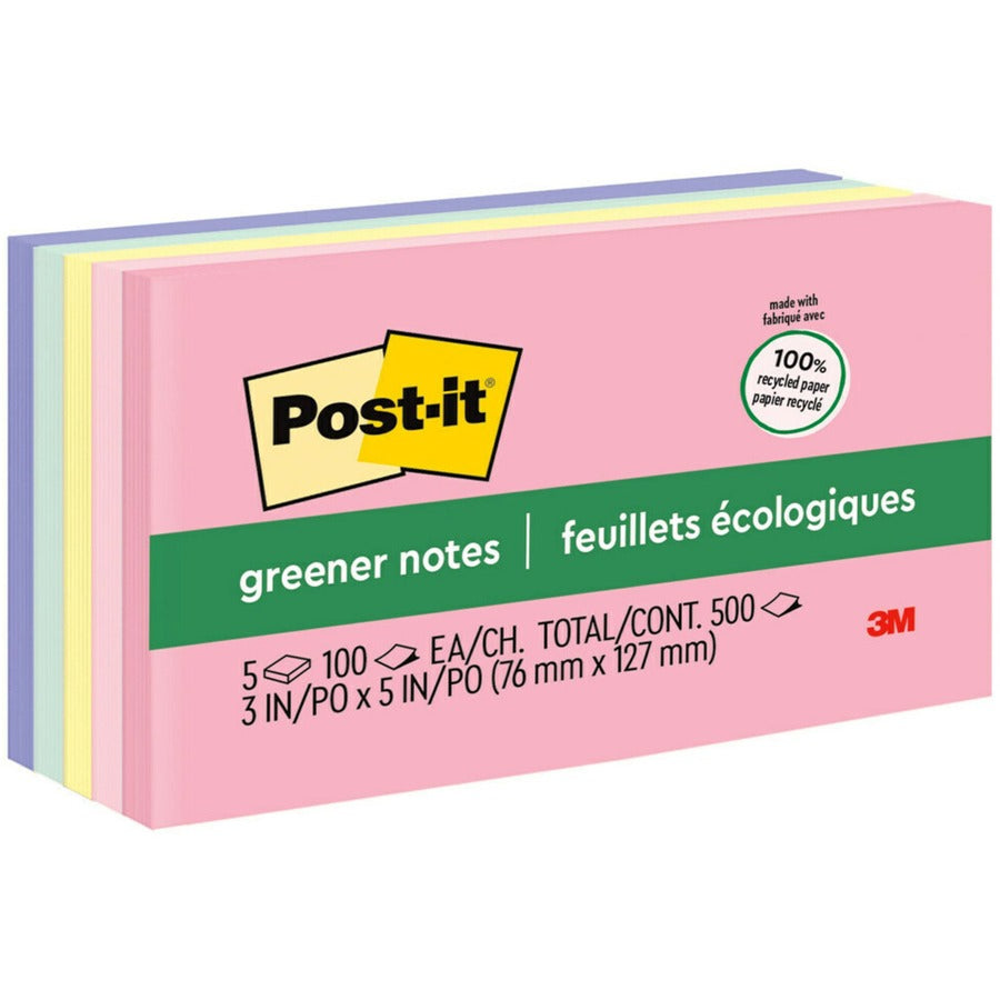 Post-it&reg, Greener Notes - Sweet Sprinkles Color Collection - 500 - 3" Flag/Note Width x 5" Flag/Note Length - Rectangle - 100 Sheets per Pad - Unruled - Positively Pink, Pink Salt, Canary Yellow, Fresh Mint, Moonstone - Paper - Self-adhesive, Reposi...