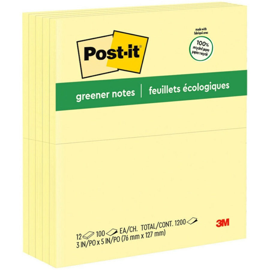 Post-it&reg, Greener Notes - 1200 - 3" Flag/Note Width x 5" Flag/Note Length - Rectangle - 100 Sheets per Pad - Unruled - Canary Yellow - Paper - Self-adhesive, Repositionable - 1 Pack