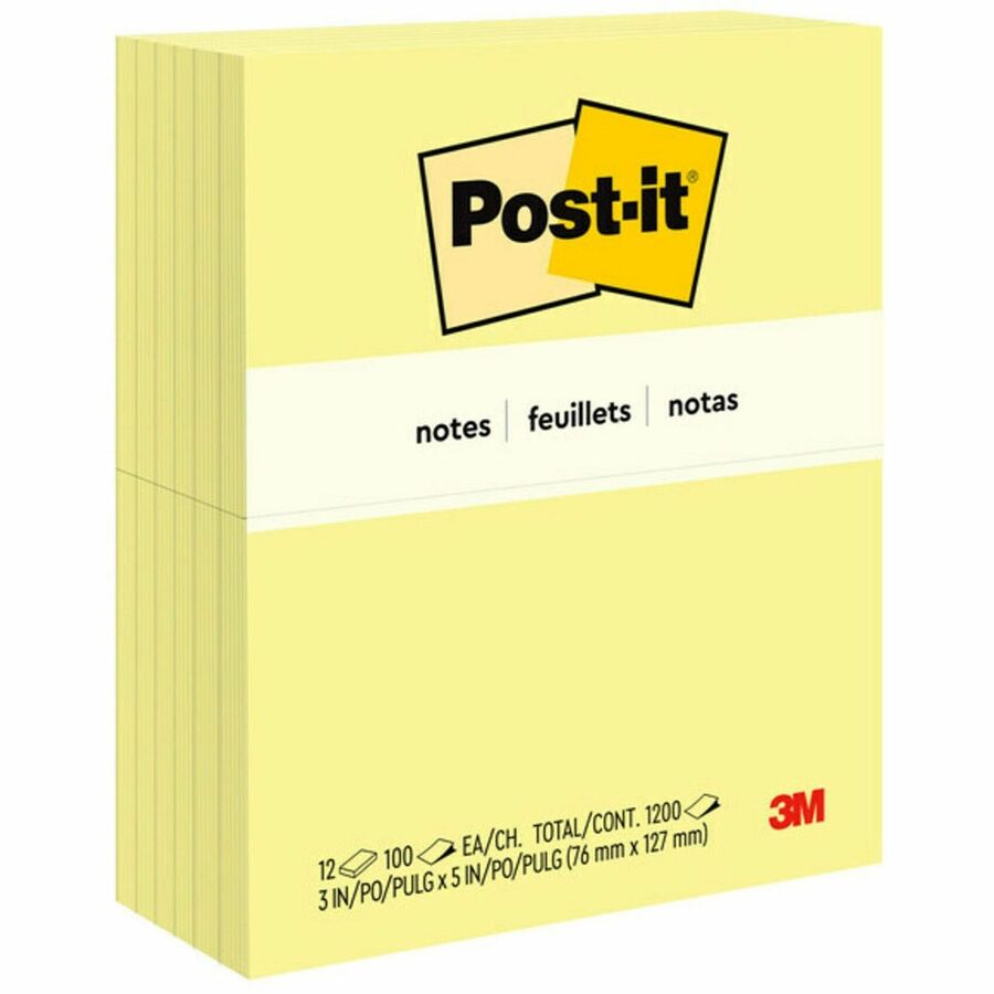 Post-it&reg, Notes Original Notepads - 3" Flag/Note Width x 5" Flag/Note Length - Rectangle - 100 Sheets per Pad - Unruled - Canary Yellow - Paper - Self-adhesive, Repositionable - 1 Pack
