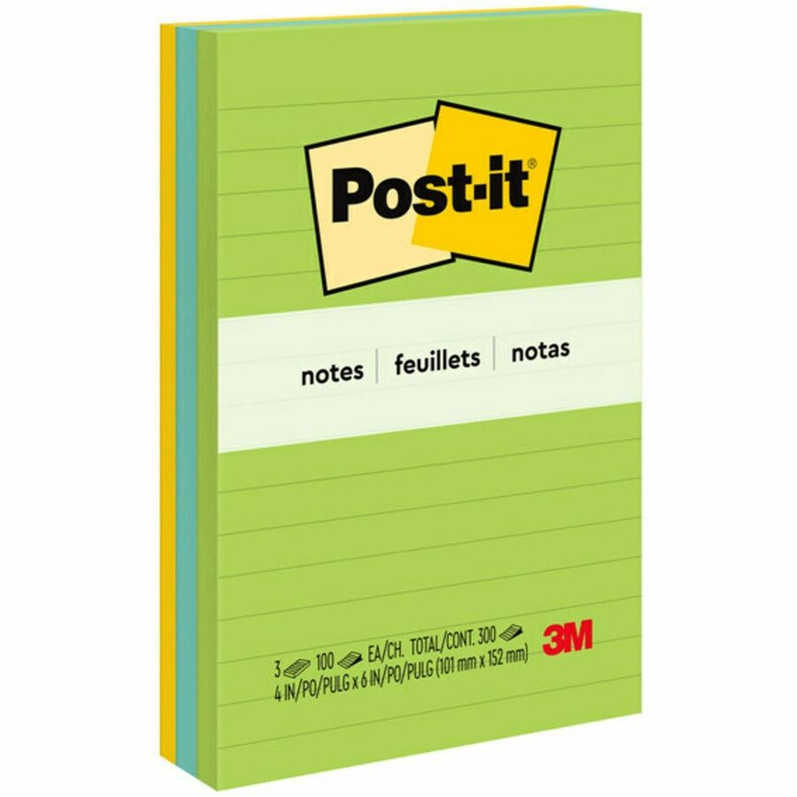 Post-it&reg, Notes Original Lined Notepads - Floral Fantasy Color Collection - 300 - 4" Flag/Note Width x 6" Flag/Note Length - Rectangle - 100 Sheets per Pad - Ruled - Limeade, Citron Yellow, Blue, Blue Paradise - Paper - Self-adhesive, Repositionable...