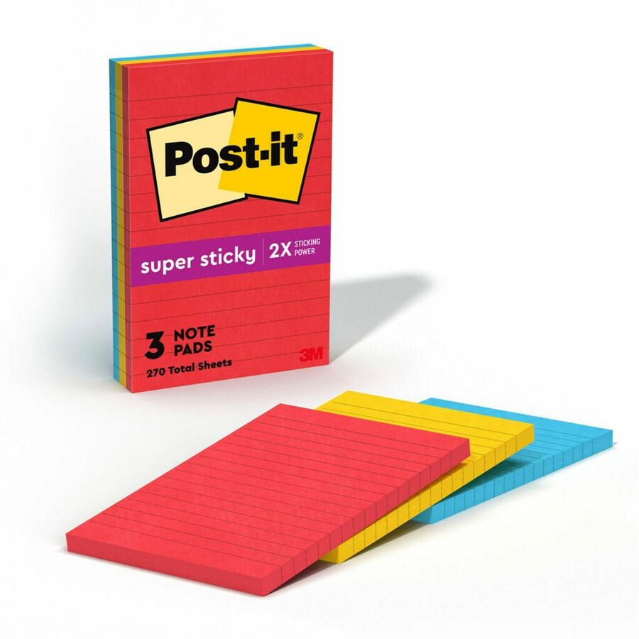 Post-it&reg, Notes Original Lined Notepads -Playful Primaries Color Collection - 270 - 4" Flag/Note Width x 6" Flag/Note Length - Rectangle - 90 Sheets per Pad - Ruled - Candy Apple Red, Sunnyside, Blue Paradise - Paper - Self-adhesive - 3 / Pack