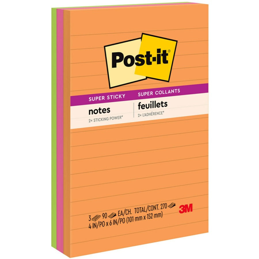 Post-it&reg, Super Sticky Notes - Energy Boost Color Collection - 270 x Assorted - 4" Flag/Note Width x 6" Flag/Note Length - Rectangle - 90 Sheets per Pad - Ruled - Orange, Pink, Green - Paper - Self-adhesive, Recyclable - 3 / Pack