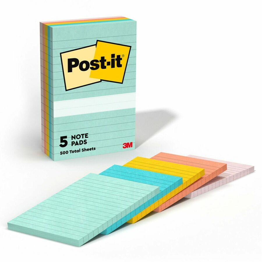 Post-it&reg, Lined Notes - Beachside Caf&eacute, Color Collection - 500 x Assorted Pastel - 4" Flag/Note Width x 6" Flag/Note Length - Rectangle - 100 Sheets per Pad - Ruled - Fresh Mint, Aqua Splash, Sunnyside, Papaya Fizz, Guava - Paper - Self-adhesi...