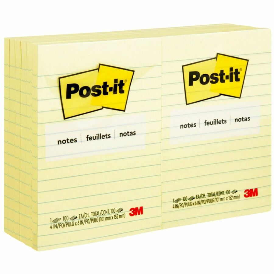 Post-it&reg, Notes Original Lined Notepads - 100 - 4" Flag/Note Width x 6" Flag/Note Length - Rectangle - 100 Sheets per Pad - Ruled - Canary Yellow - Paper - Self-adhesive, Repositionable - 12 / Pack