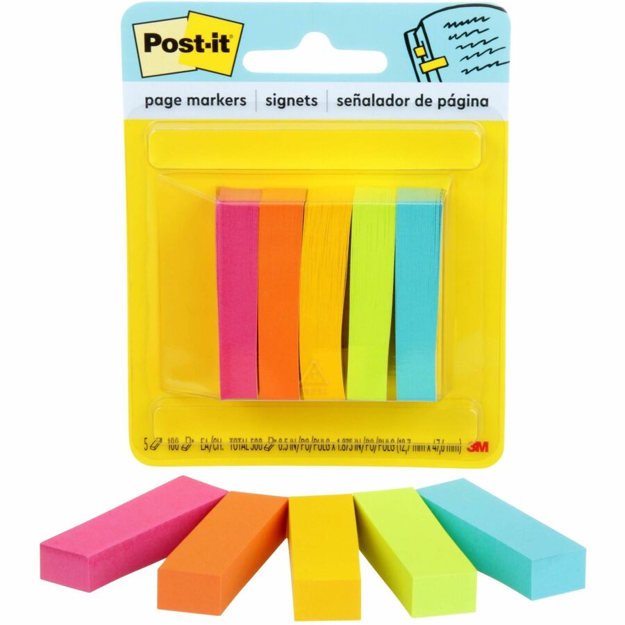 Post-it&reg, Page Markers - 1/2" Flag/Note Width x 2" Flag/Note Length - Rectangle - 100 Sheets per Pad - Unruled - Assorted Neon - Paper - Removable, Self-adhesive - 5 Pads/Pack - 500 / Pack