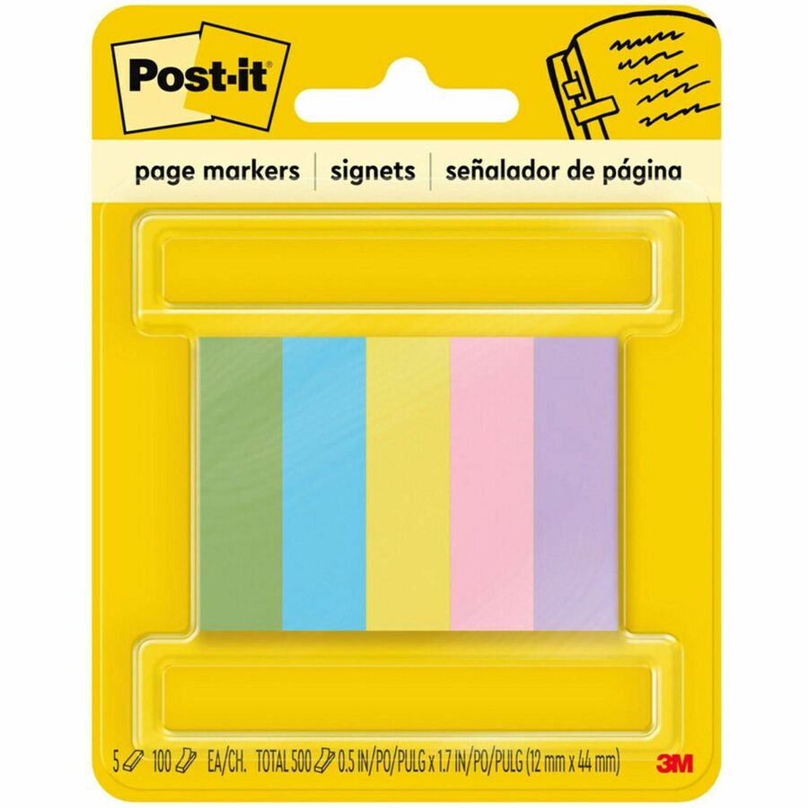 Post-it&reg, Page Markers - 100 - 1/2" Flag/Note Width x 2" Flag/Note Length - Rectangle - Unruled - Electric Blue, Yellow, Aqua Wave, Light Mulberry, Neon Green - Paper - Removable, Self-adhesive - 500 / Pack