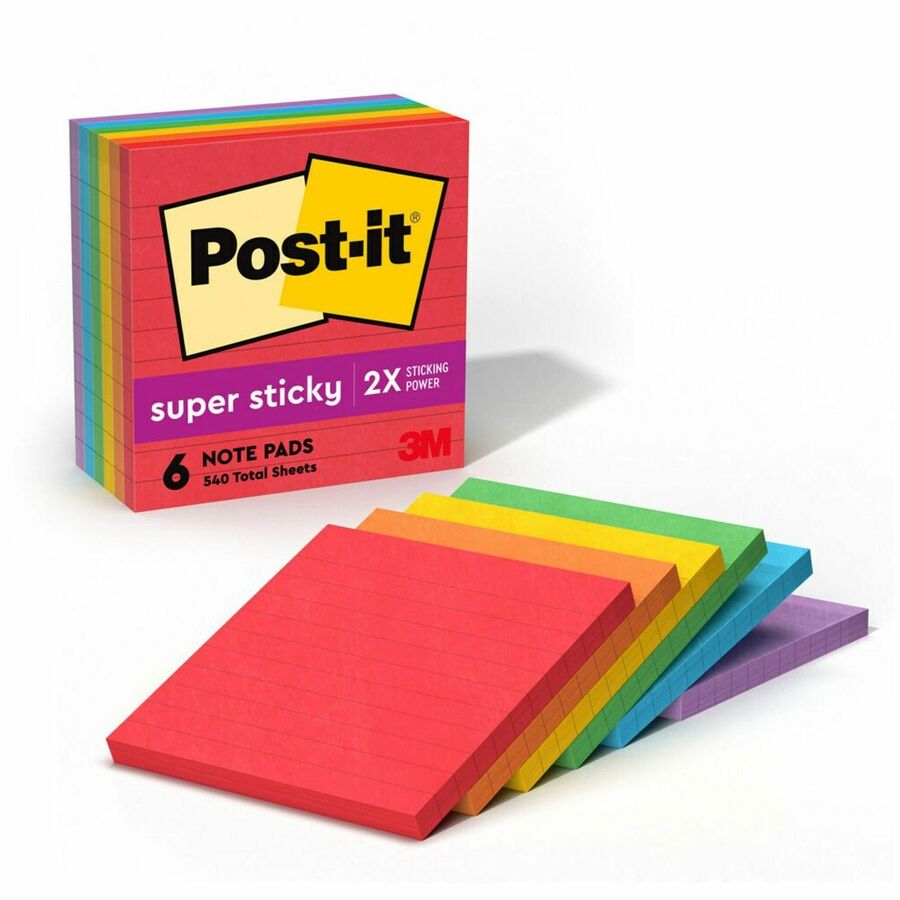 Post-it&reg, Super Sticky Lined Notes - Playful Primaries Color Collection - 540 - 4" Flag/Note Width x 4" Flag/Note Length - Square - 90 Sheets per Pad - Ruled - Candy Apple Red, Vital Orange, Lucky Green, Sunnyside, Blue Paradise, Iris Infusion - Pap...