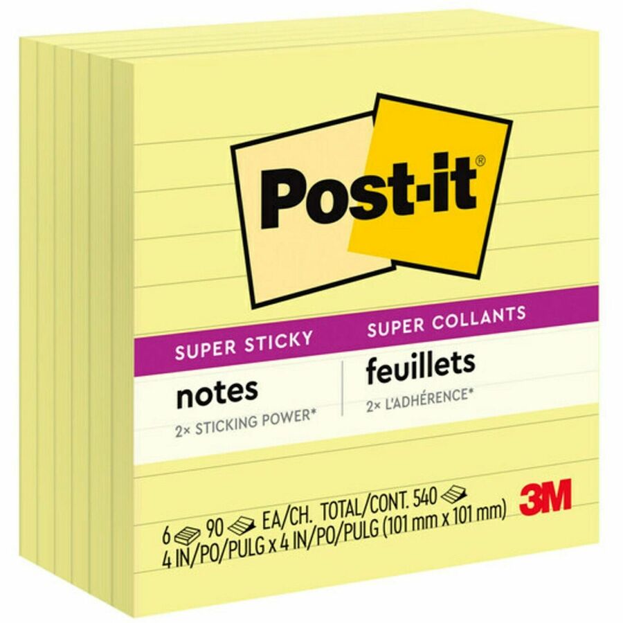 Post-it&reg, Super Sticky Lined Notes - 540 - 4" Flag/Note Width x 4" Flag/Note Length - Square - 90 Sheets per Pad - Ruled - Canary Yellow - Paper - Self-adhesive - 6 / Pack