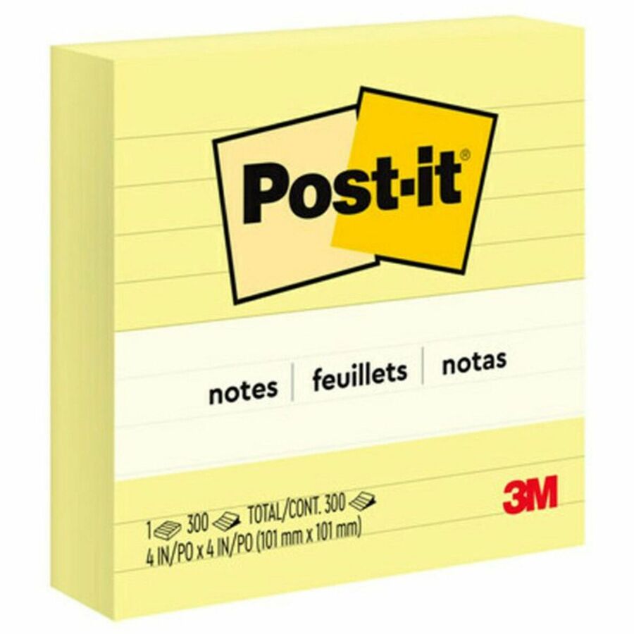 Post-it&reg, Lined Notes - 300 - 4" Flag/Note Width x 4" Flag/Note Length - Square - 300 Sheets per Pad - Ruled - Canary Yellow - Paper - Recyclable - 1 Pad