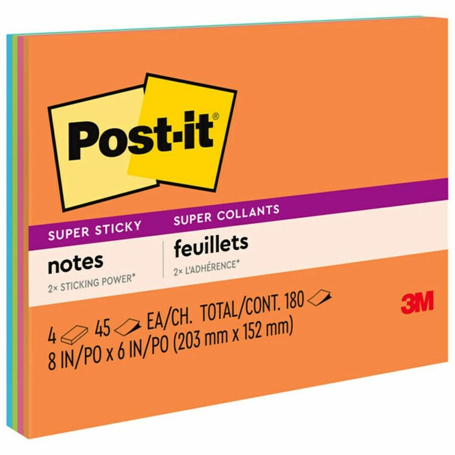 Post-it&reg, Super Sticky Notes - Energy Boost Color Collection - 180 - 6" Flag/Note Width x 8" Flag/Note Length - Rectangle - 45 Sheets per Pad - Unruled - Vital Orange, Tropical Pink, Limeade, Blue Paradise - Paper Fibre - Self-adhesive - 4 / Pack