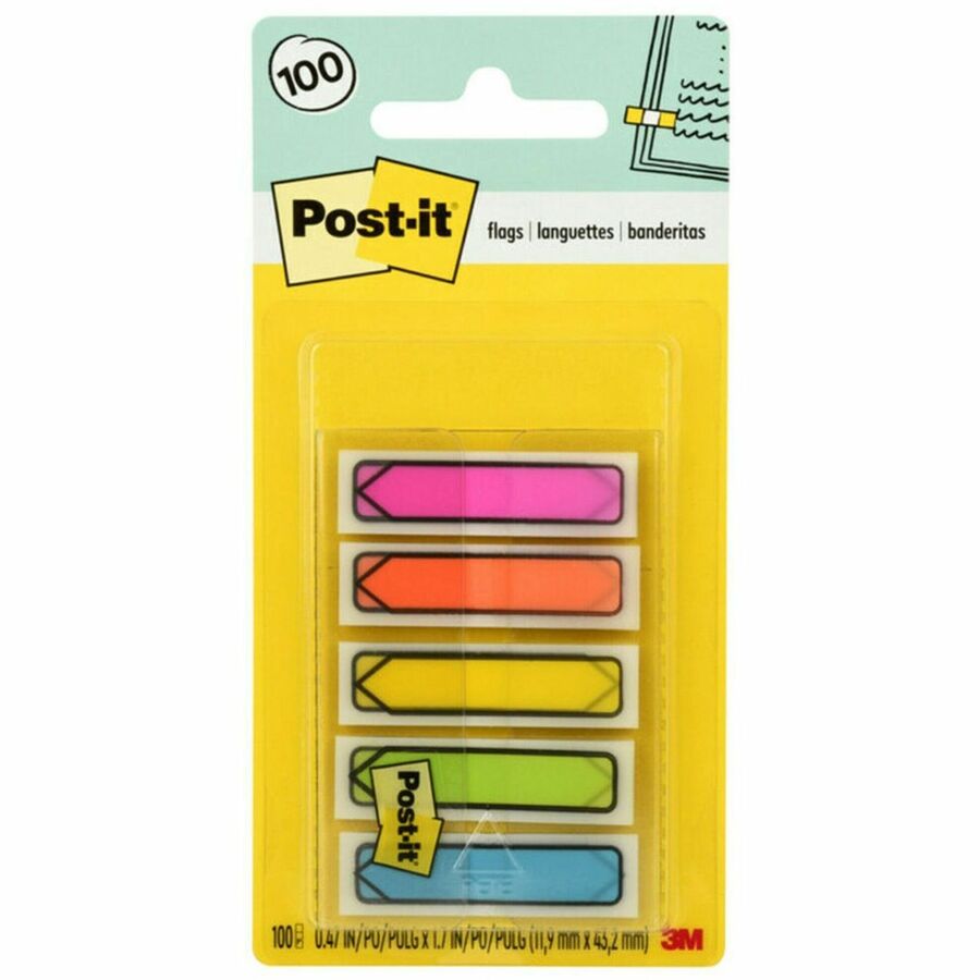 Post-it, Arrow Flags in On-the-Go Dispenser - Bright Colors - 20 x Blue, 20 x Green, 20 x Pink, 20 x Purple, 20 x Yellow - 1/2" Flag/Note Width x 1 3/4" Flag/Note Length - Arrow, Rectangle - Unruled - Orange, Pink, Green, Blue, Yellow, Aqua - Remov...
