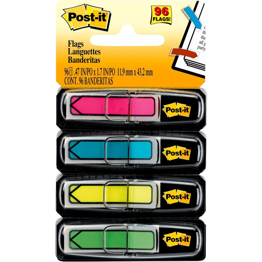 Post-it&reg, Arrow Flags - 24 x Pink, 24 x Blue, 24 x Yellow, 24 x Green - 1/2" Flag/Note Width x 1 3/4" Flag/Note Length - Arrow, Rectangle - Unruled - Pink, Green, Blue, Yellow, Aqua - Removable, Self-adhesive - Dispenser Included - 96 / Pack