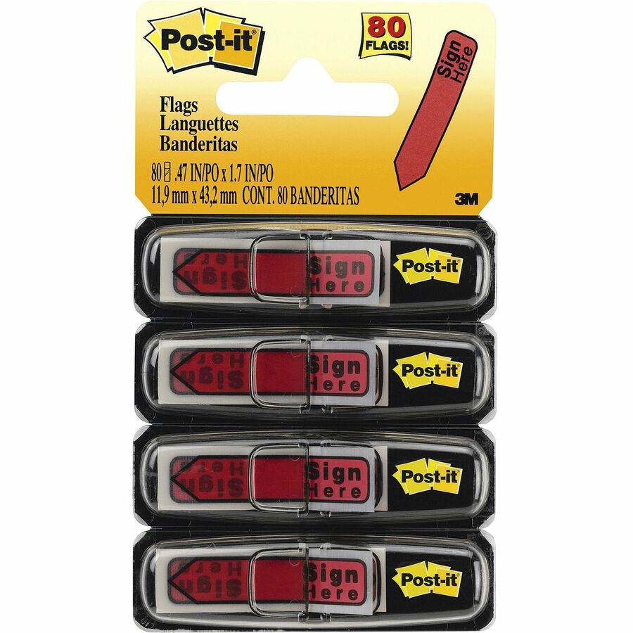 Post-it, Arrow Message Flags - 80 x Red - 1/2" Flag/Note Width x 1 3/4" Flag/Note Length - Arrow, Rectangle - Unruled - SIGN HERE - Red - Removable, Self-adhesive - Dispenser Included - 80 / Pack