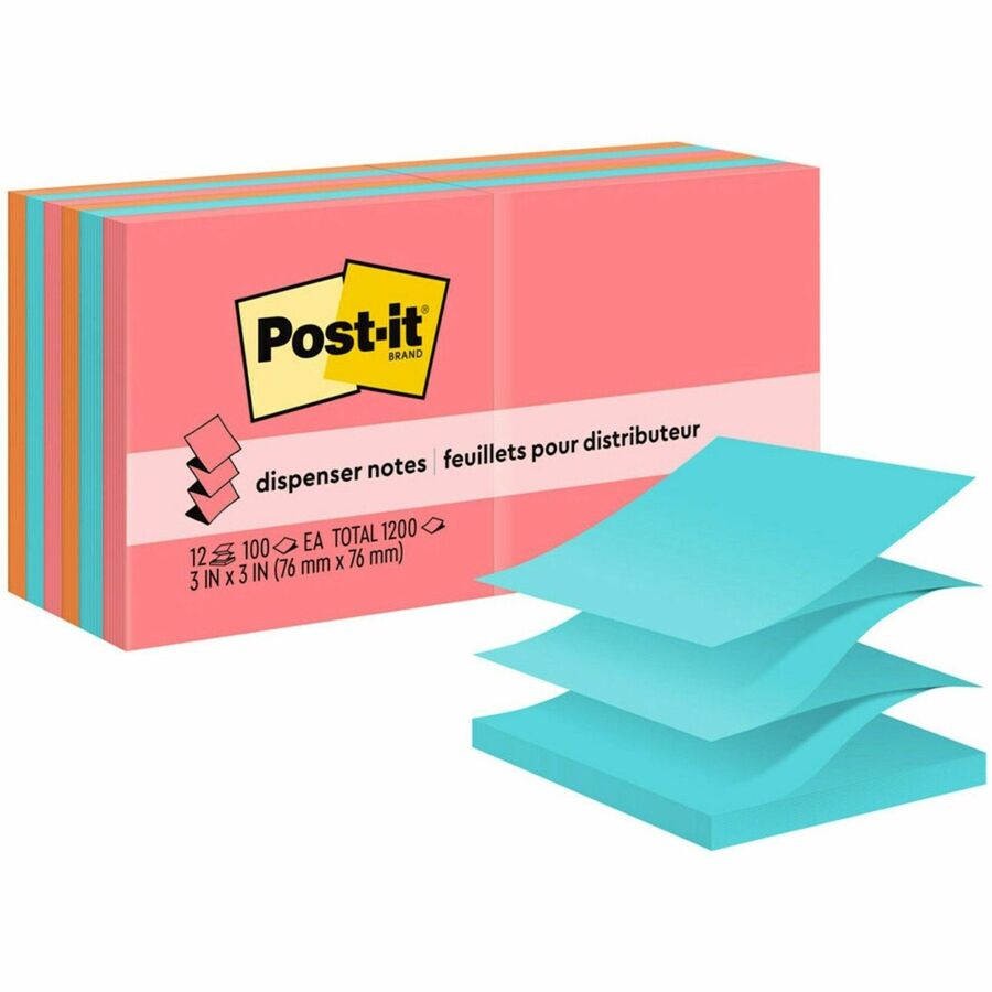 Post-it&reg, Dispenser Notes - 1200 - 3" Flag/Note Width x 3" Flag/Note Length - Square - 100 Sheets per Pad - Unruled - Guava, Aqua Splash, Vital Orange - Paper - Pop-up, Self-adhesive, Repositionable - 1 Pack