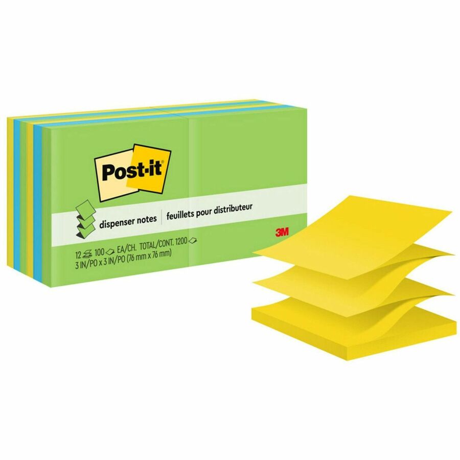 Post-it&reg, Dispenser Notes - 1200 - 3" Flag/Note Width x 3" Flag/Note Length - Square - 100 Sheets per Pad - Unruled - Limeade, Citron, Blue Paradise - Paper - Pop-up, Refillable, Self-adhesive, Repositionable - 1 Pack