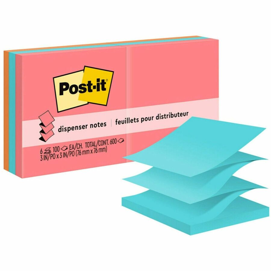 Post-it&reg, Pop-up Adhesive Note - 600 - 3" Flag/Note Width x 3" Flag/Note Length - Square - 100 Sheets per Pad - Unruled - Electric Blue, Limeade, Neon Orange, Neon Pink, Concord - Paper - Pop-up, Self-adhesive, Repositionable - 1 Pack