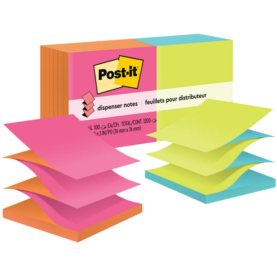 Post-it&reg, Dispenser Notes - 1200 - 3" Flag/Note Width x 3" Flag/Note Length - Square - 100 Sheets per Pad - Unruled - Power Pink, Vital Orange, Acid Lime, Aqua Splash - Paper - Refillable, Pop-up, Self-adhesive, Repositionable - 12 / Pack