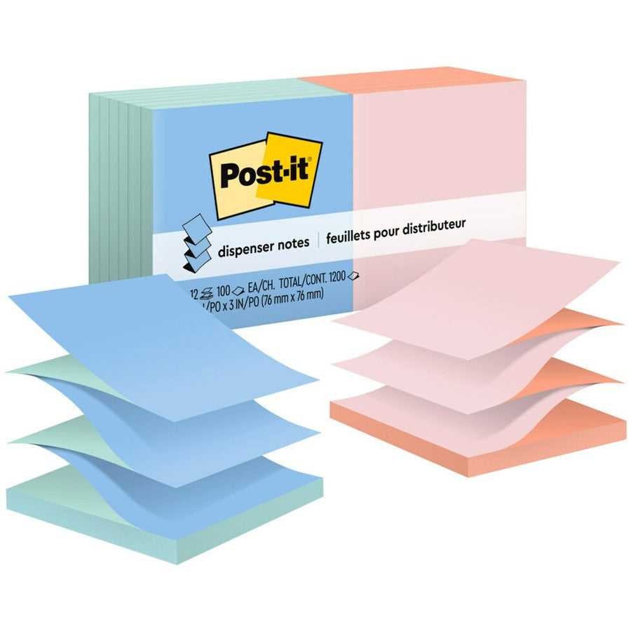 Post-it&reg, Dispenser Notes - Alternating Pastel Colors - 1200 - 3" Flag/Note Width x 3" Flag/Note Length - Square - 100 Sheets per Pad - Unruled - Fresh Mint, Canary Yellow, Pink Salt, Papaya Fizz - Paper - Refillable, Pop-up, Self-adhesive, Repositi...