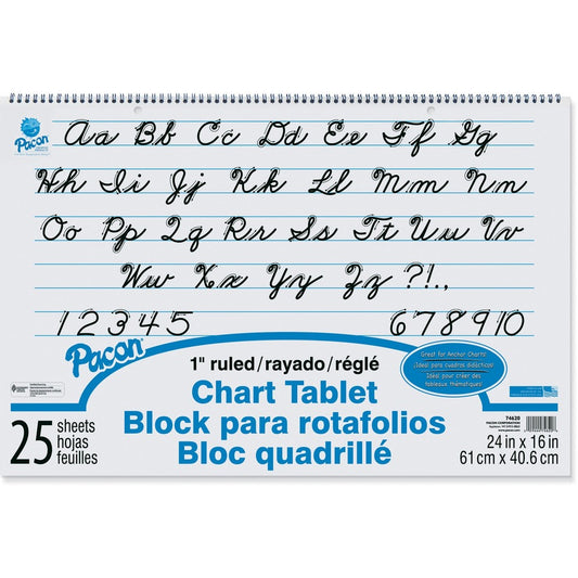Pacon Ruled Chart Tablet - 25 Sheets - Spiral Bound - Ruled Front Ruling - 1" Ruled - 24" x 16" Sheet Size - White Paper - Stiff Cover - Sturdy Back, Recyclable, Dual Sided - 1 Each