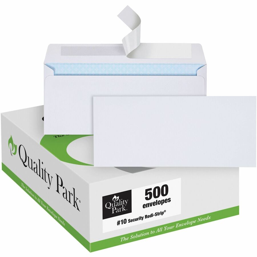 Quality Park No. 10 Security Tinted Business Envelopes with Redi-Strip&reg, Closure - Security - #10 - 4 1/8" Width x 9 1/2" Length - 24 lb - Self-sealing - White - Wove - 500 / Box