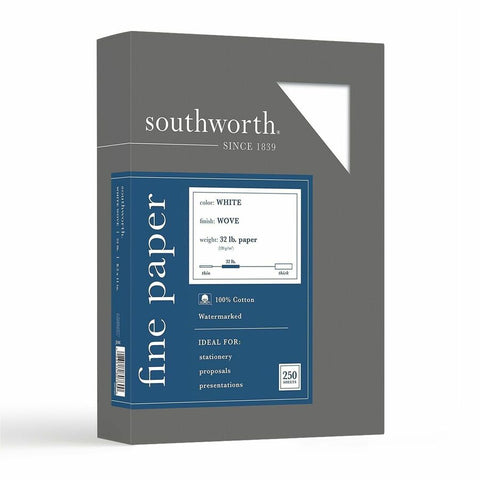 Southworth 100% Cotton Business Paper - Letter - 8 1/2" x 11" - 32 lb Basis Weight - Wove - Acid-free, Watermarked - White - 1 Box