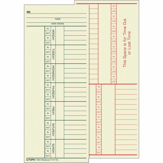 TOPS 2-Sided Weekly Time Cards - Double Sided Sheet - 3.37" x 8.25" Sheet Size - Manila - Manila Sheet(s) - Green, Red Print Color - 500 / Box