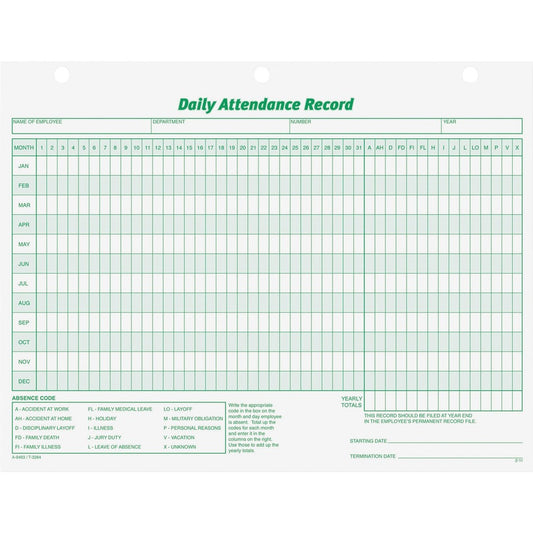 TOPS Daily Employee Attendance Record Form - 50 Sheet(s) - 11" x 8.50" Sheet Size - 3 x Holes - White - White Sheet(s) - Green Print Color - 50 / Pack