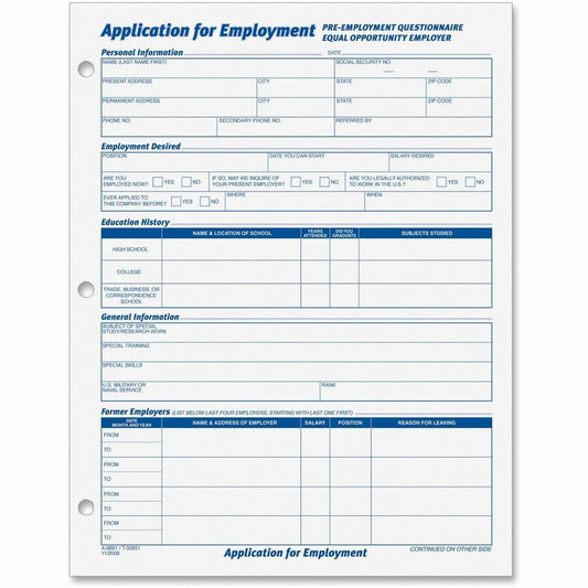 TOPS Employment Application Forms - 50 Sheet(s) - Gummed - 8.50" x 11" Sheet Size - White - White Sheet(s) - Black Print Color - 2 / Pack
