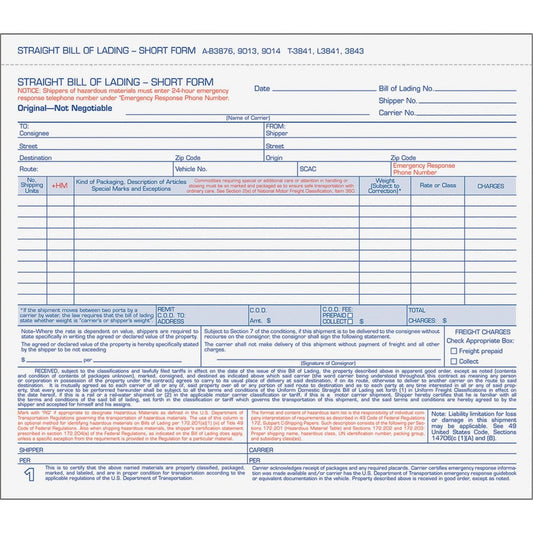 TOPS Bills of Lading Snap-Off Sets - 3 Part - Carbonless Copy - 8.50" x 7.44" Sheet Size - White Sheet(s) - Blue, Red Print Color - 1 Pack