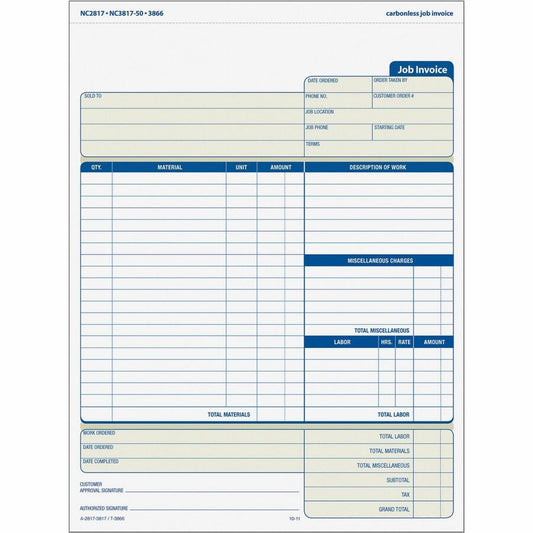 TOPS Three-part Carbonless Job Invoice Forms - 3 Part - Carbonless Copy - 8.50" x 11" Sheet Size - White, Canary, Manila - Assorted Sheet(s) - Blue Print Color - 1 Pack