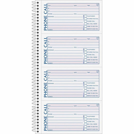 TOPS Carbonless Phone Message Book - Double Sided Sheet - Spiral Bound - 2 Part - Carbonless Copy - 5.50" x 11" Sheet Size - White - Assorted Sheet(s) - Blue, Red Print Color - 1 Each