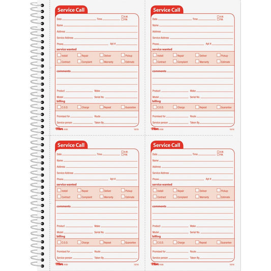 TOPS Service Call 2-part Spiral Message Slip Book - 200 Sheet(s) - Spiral Bound - 2 Part - Carbonless Copy - 5.50" x 4" Form Size - 8.25" x 11" Sheet Size - White, Canary - Red Print Color - 1 Each