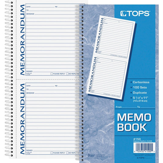 TOPS Memorandum Forms Book - 100 Sheet(s) - Spiral Bound - 2 Part - Carbonless Copy - 5.50" x 5" Form Size - 5.50" x 11" Sheet Size - White, Canary - Assorted Sheet(s) - Blue, Red Print Color - 1 Each