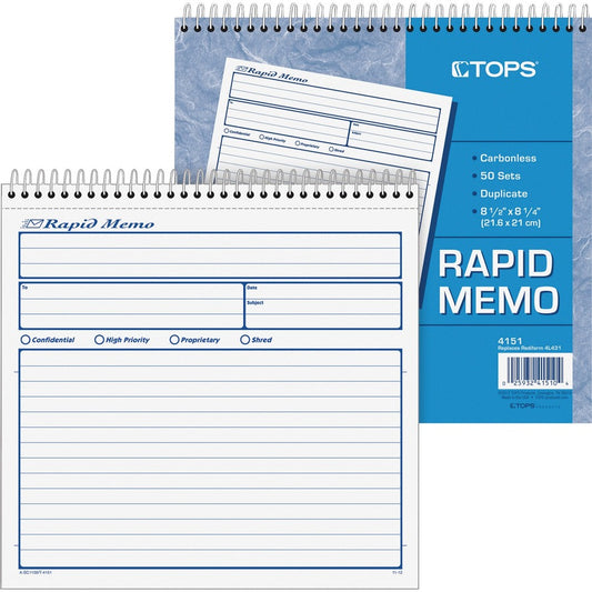 TOPS Rapid Memo Book - Spiral Bound - 2 Part - Carbonless Copy - 8.50" x 7.75" Sheet Size - Assorted Sheet(s) - 1 Each