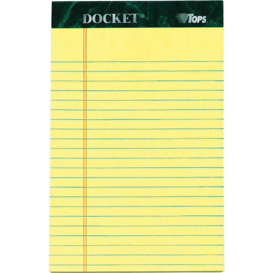 TOPS Jr. Legal Rule Docket Writing Pads - 50 Sheets - Double Stitched - 0.28" Ruled - 16 lb Basis Weight - Jr.Legal - 5" x 8" Sheet Size - Canary Paper - Hard Cover, Perforated, Easy Tear, Sturdy Back, Resist Bleed-through - 12 / Pack