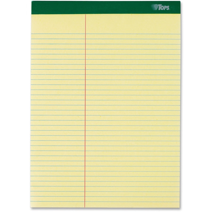 TOPS Letr-Trim Perforated Law-ruled Writing Pad - 100 Sheets - 0.34" Ruled - 16 lb Basis Weight - 8 1/2" x 11 3/4" Sheet Size - Canary Paper - Marble Green Binding - Perforated, Hard Cover - 6 / Pack