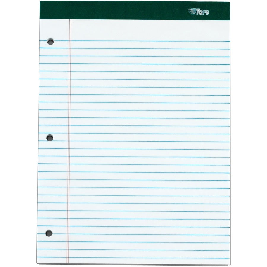 TOPS Docket 3-hole Punched Legal Ruled Legal Pads - 100 Sheets - Double Stitched - 0.34" Ruled - 16 lb Basis Weight - 8 1/2" x 11 3/4" Sheet Size - White Paper - Marble Green Binding - Perforated, Hard Cover, Resist Bleed-through - 6 / Pack
