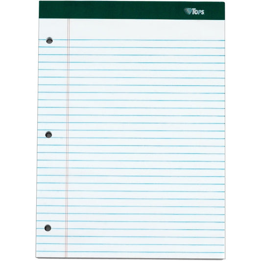 TOPS Docket 3-hole Punched Legal Ruled Legal Pads - 100 Sheets - Double Stitched - 0.34" Ruled - 16 lb Basis Weight - 8 1/2" x 11 3/4" Sheet Size - White Paper - Marble Green Binding - Perforated, Hard Cover, Resist Bleed-through - 6 / Pack
