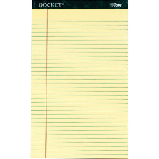 TOPS Docket Letr - Trim Legal Rule Canary Legal Pads - Legal - 50 Sheets - Double Stitched - 0.34" Ruled - 16 lb Basis Weight - Legal - 8 1/2" x 14" Sheet Size - Canary Paper - Marble Green Binding - Perforated, Hard Cover, Resist Bleed-through - 12 /...