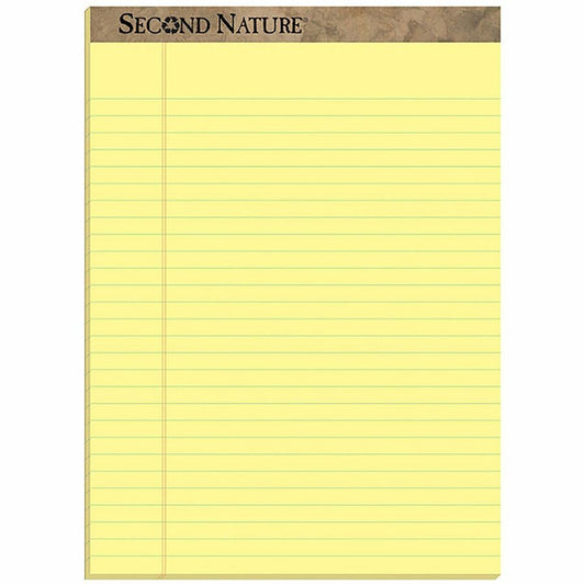 TOPS Second Nature Ruled Canary Writing Pads - 50 Sheets - 0.34" Ruled - Red Margin - 15 lb Basis Weight - 8 1/2" x 11 3/4" Sheet Size - Canary Paper - Perforated, Resist Bleed-through, Easy Tear - 12 / Dozen
