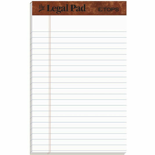 TOPS The Legal Pad Writing Pad - 50 Sheets - Double Stitched - 0.28" Ruled - 16 lb Basis Weight - Jr.Legal - 5" x 8" Sheet Size - White Paper - Chipboard Cover - Perforated, Hard Cover, Removable - 12 / Dozen