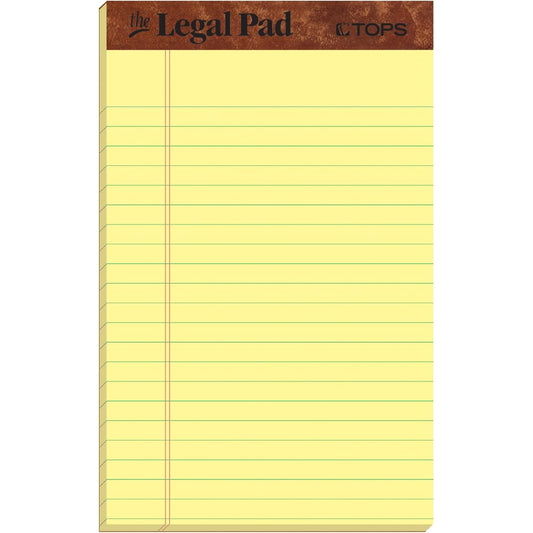 TOPS The Legal Pad Writing Pad - 50 Sheets - Double Stitched - 0.28" Ruled - 16 lb Basis Weight - Jr.Legal - 5" x 8" Sheet Size - Canary Paper - Chipboard Cover - Perforated, Hard Cover, Removable - 12 / Dozen