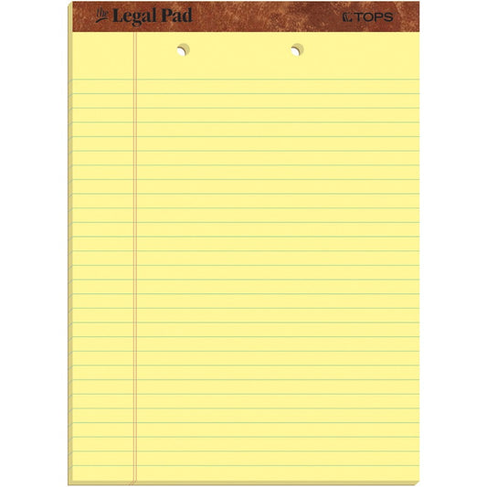 TOPS 2-Hole Top Punched Legal Pad - 50 Sheets - Double Stitched - 0.34" Ruled - 16 lb Basis Weight - 8 1/2" x 11 3/4" Sheet Size - Canary Paper - Perforated, Punched, Hard Cover, Heavyweight - 12 / Dozen