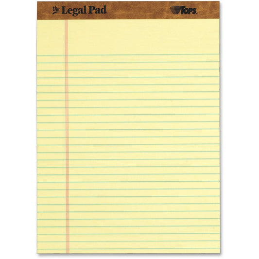 TOPS Letr-trim Perforated Legal Pads - 50 Sheets - Double Stitched - 0.34" Ruled - 16 lb Basis Weight - 8 1/2" x 11 3/4" Sheet Size - Canary Paper - Perforated, Hard Cover - 12 / Dozen